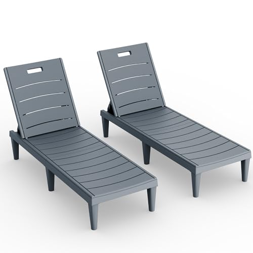 Devoko Outdoor Chaise Lounge Chair Set of 2 with 5-Position Adjustable Back, Waterproof & Lightweight PP Lounge Chairs for Outside Pool Patio (Light Grey) - color: Light Grey, size: 72 in Depth
