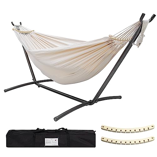 SZHLUX Double Hammock with Stand Included 450lb Capacity Steel Stand, Premium Carry Bag Included.Indoor Outdoor Brazilian-Style Cotton Bed for Backyard, Camping,Garden, Beige - color: Beige