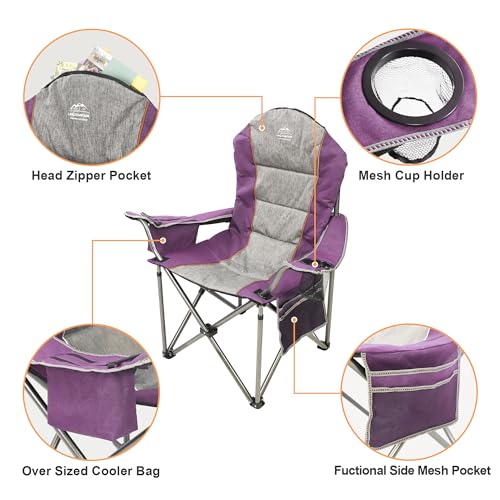 Camping Chairs for Adults,High Back Folding Camp Chair with Cup Holder and Cooler Bag,Heavy Duty Outdoor Lawn Chairs,Perfect for Camping,Hiking,Picnics,and Beach Trips,Purple - color: Purple