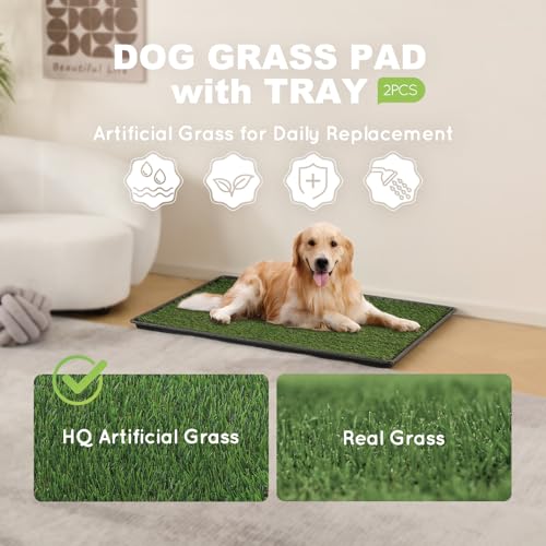 HQ4us Dog Grass Pad with Tray Medium 31”×21” Dog Litter Box Toilet with 2×Artificial Grass for Dogs with Hemmed Edge, Pee Pads for Dogs, Realistic, Less Stink, Potty for Balcony - size: M 31”×21” for Dog＜ 26" Length