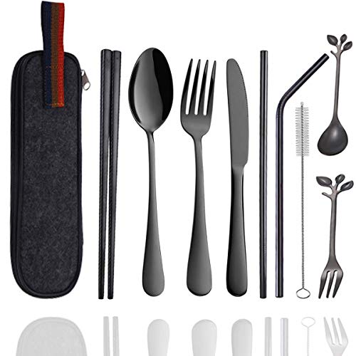 Travel Utensils Set with Case Reusable Stainless Steel Silverware Flatware Set 9 Pcs Portable Cutlery Eating Utensils Set for Lunch Boxes Workplace Camping School, Dishwasher Safe (Black) - color: Black Cutlery Set