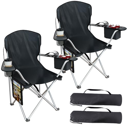 VTOY Folding Camping Chairs Durable 600D Oxford, Portable Outdoor Chair with Cooler Pouch, Cup Holder & Storage Pocket for Camping, Beach, Fishing - color: 2 Pack, Black