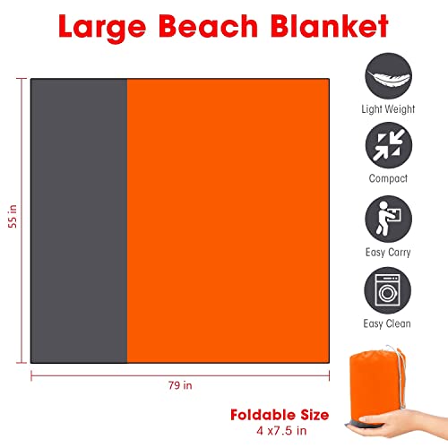 Beach Blanket Large Fast Drying Durable Lightweight Compact Outdoor Mat 79"x 55" - Sandproof Waterproof Picnic Mat for Travel, Camping, Hiking (Orange) - color: Orange