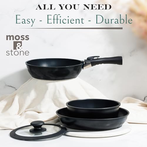 Moss & Stone 10pcs Nonstick Cookware Pans with Removable Handles, Space Saving Pots and Pans with Removable Handles, RV Pots and Pans Set for Camping, Oven and Induction Ready - size: 10 Pcs Black