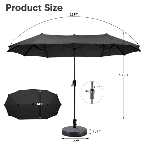 13Ft Large Patio Umbrella with Base Outdoor Double-Sided Market Extra Large Table Umbrella Easy Crank for Yard, Poolside, Deck-Black - color: Black, size: 13FT Umbrella+Base