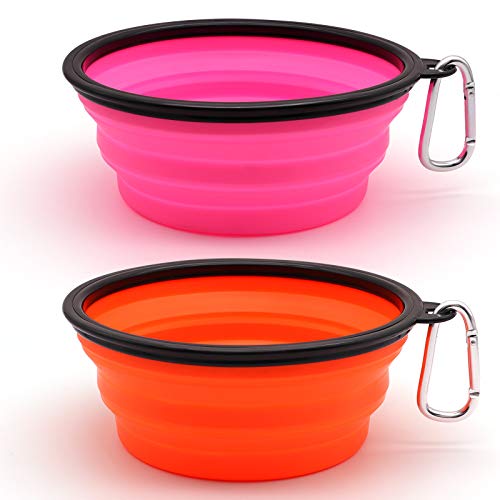 Dog Bowl Pet Collapsible Bowls, 2 Pack Collapsible Dog Water Bowls for Cats Dogs, Portable Pet Feeding Watering Dish for Walking Parking Traveling with 2 Carabiners (Large, Orange+Pink) - color: Orange+Pink, size: Large