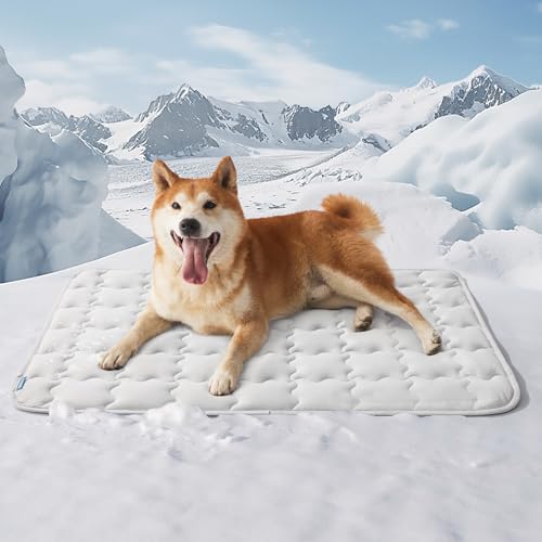 Bedsure Cooling Mat for Large Dogs, Q-Max>0.5 Thin Breathable Cold Crate Pad for Pet, Portable Washable Kennel Bed for Summer Active Dog with Chill Cool Soothing Fabric to Rapid Cooling, 35x23, Grey - color: Pearl Grey, size: 35" x 23" (L-Crate)