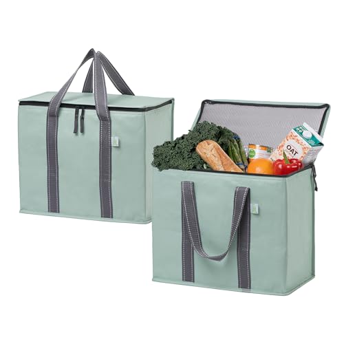 VENO 2 Pack Cooler Bag and Insulated Grocery Bags for Food Delivery, Collapsible Cooler. Reusable Shopping Bags for Groceries with Hard Bottom, Zippered, Foldable, Heavy-Duty (Light Green, 2 Pack) - color: Light Green, size: 15.7"W x 12.6"H x 8.7"D - 2 Pa