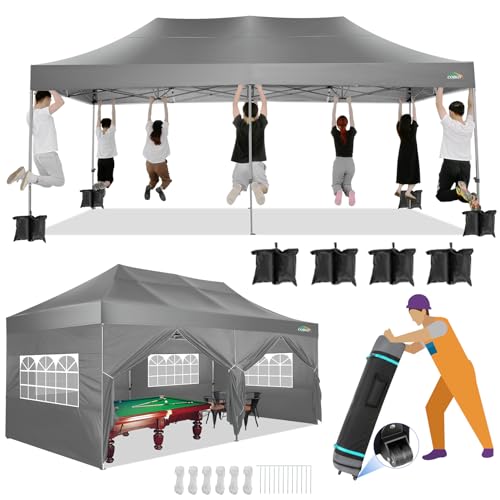 COBIZI 10x20 Canopy with Sidewalls, Heavy Duty Party Tent Pop up Canopy, Tents for Parties, Wedding, Outdoor Easy up Foldable Portable Canopy Tent with Wheeled Bag, Grey(Windproof Upgrade) - color: Gray, size: 10x20 With Sidewalls