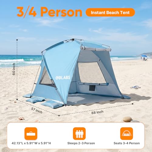 Golabs BT1 Pop up Beach Tent Sun Shelter for 3-Person, 1-Minute Setup by Pre-Attached Pole & UPF 50+, Beach Shade with Detachable Floor Mat, Mesh for Clear View & Airflow, only 7 lbs & Pocket and Hook - color: BLUE