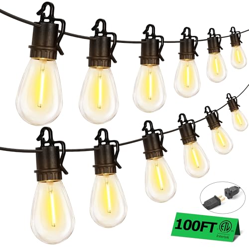 100FT Outdoor String Lights with 35 Shatterproof Patio Deals S14 Vintage Edison Bulbs E12 Sockets,2700K Dimmable Outdoor Lights,IP55 Waterproof LED String Lights for Outside, Patio Lights - size: 100FT-32+3