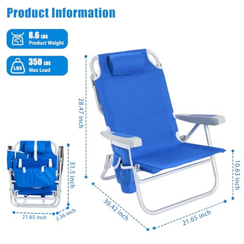 SUNNYFEEL Low Beach Chair, 5-Position Lay Flat Reclining, Backpack Portable Folding Chair with Cooler Bag & Cup Holder, Heavy Duty 350 LBS, Compact for Beach, Camping, Travel (New Blue) - color: Blue, size: 1-pack
