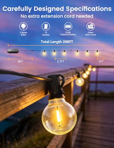 Brightever G40 Solar String Lights Outdoor with Remote, 200FT 72+2 LED Shatterproof Bulbs, Dimmable & Timable, 3 Lighting Modes, Waterproof Solar Power Outdoor Lights for Patio, Market, Wedding - size: 200FT