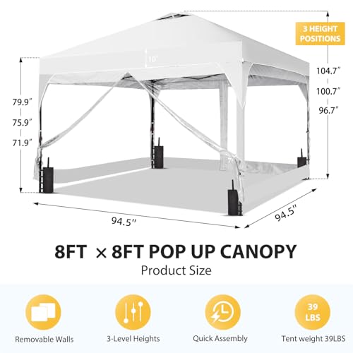 8x8 FT 1-Button Push Pop Up Canopy with 4 Clear PVC Sidewalls, Sandbags, Instant Canopy Tent for Outdoor Events - color: White, size: 8x8 with PVC Sidewalls