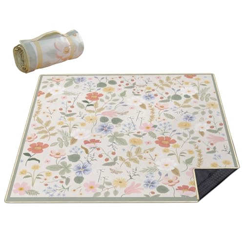 Picnic Blankets Waterproof Foldable Extra Large, 80"x 80" Outdoor Beach Blanket Sandproof, 3-Layer Lightweight Handy Mat Tote Picnic Camping Rugs for Outside Your Rv - color: Flower2, size: 6'8" x 6'8" (Rectangular)