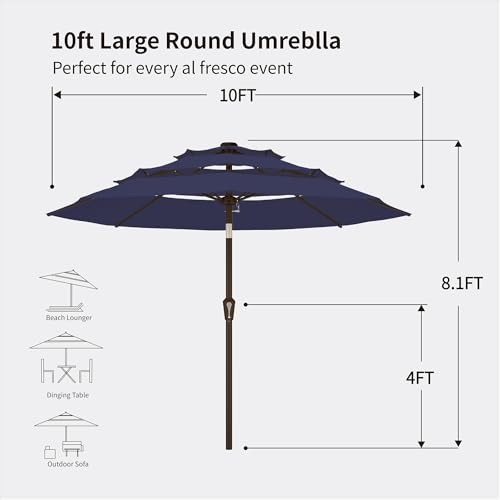 Kingdura 10ft 3-Tier Patio Umbrella, Outdoor Table Umbrella with Easy Crank & Tilt, 8 Reinforced Ribs, UV Protection for Deck, Pool, Market, Backyard (Navy blue) - color: Navy blue, size: 10 FT