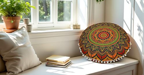 CRAFT KALA 22" Floor Pillows Cover for Sitting, Large Meditation Cushions Cover for Adults, Bohemian Mandala Round Pouf Seating Ottoman Cover for Outdoor Yoga and Living Room New Blue Ombre - color: New Blue Ombre, size: 22"
