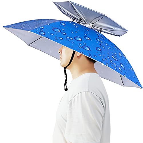 Umbrella Hat, 37 inch Fishing Umbrella Hat Hands Free Foldable UV Protection Umbrella Cap Adjustable Headwear for Fishing Golf Camping Beach Gardening Sunshade Outdoor - color: Water Drop Blue/Double Layer