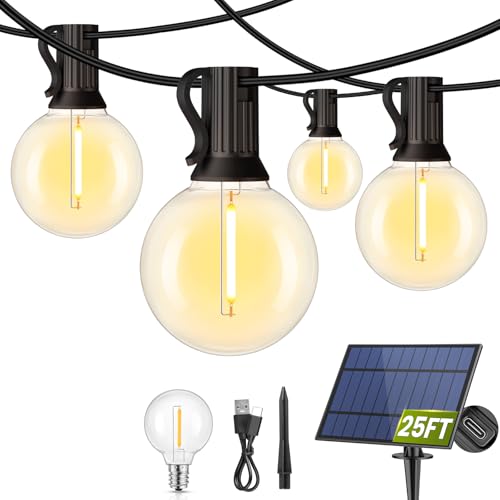 Mlambert 25FT Solar Powered String Lights Outdoor, Waterproof Solar Patio Light String with 10+1 Shatterproof LED G40 Bulbs for Backyard Garden-Black - color: Black