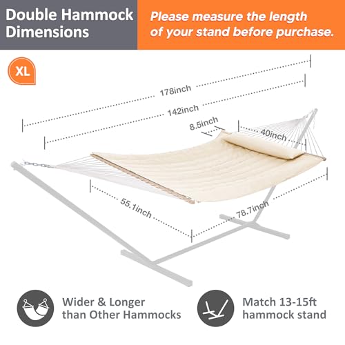 SUNCREAT 2 Person Hammock with Hardwood Spreader Bar, Outdoor Rope Hammock with Polyester Pad, 475 lbs Capacity, Beige - color: White