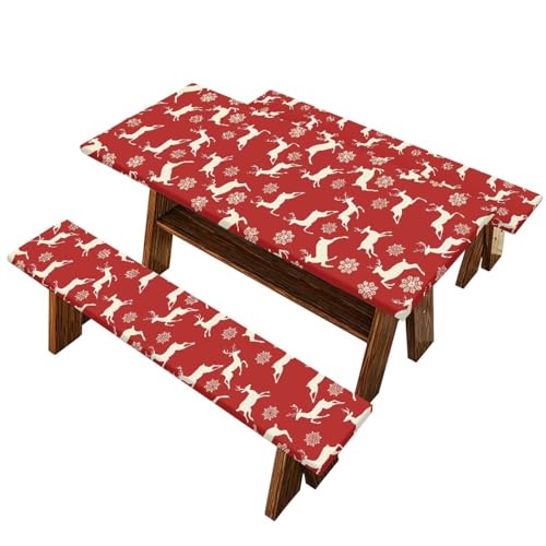 Xmas Picnic Table Cover with Bench Covers 3 PCS Christmas Reindeer Snowflake Fitted Picnic Table Cover for Outdoor Camping Accessories - color: Christmas Reindeer Snowflake, size: Small