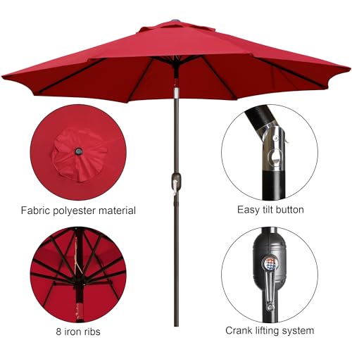 Blissun 9' Outdoor Patio Umbrella, Outdoor Table Umbrella, Yard Umbrella, Market Umbrella with 8 Sturdy Ribs, Push Button Tilt and Crank - color: RED