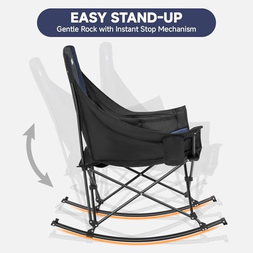 Youtanic Oversized Folding Rocking Camping Chair, Padded Portable Rocking Chair with Pockets, Cup Holder and Carry Bag, Heavy Duty Outdoor Rocker Patio Chair for Garden, Lawn, Up to 400lbs, Navy Blue - color: Navy Blue-black