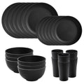 24 Piece Wheat Straw Dinnerware Sets of 6, Kitchen Plates and Bowls Sets, Unbreakable Plastic Dish Set for Camping, Dishwasher Microwave Safe, Kitchen and Dinning Essentials, Black - color: Black, size: 24piece Wheat Straw Dinnerware Sets