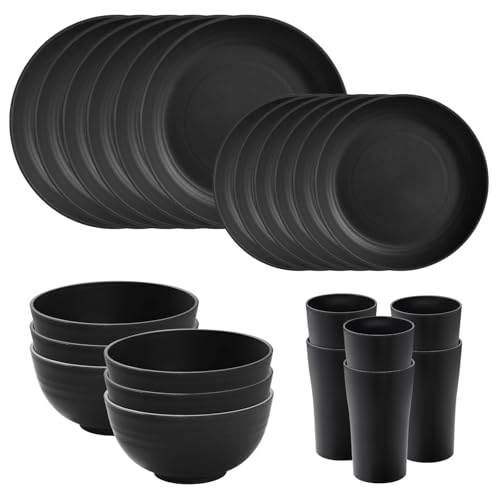 24 Piece Wheat Straw Dinnerware Sets of 6, Kitchen Plates and Bowls Sets, Unbreakable Plastic Dish Set for Camping, Dishwasher Microwave Safe, Kitchen and Dinning Essentials, Black - color: Black, size: 24piece Wheat Straw Dinnerware Sets