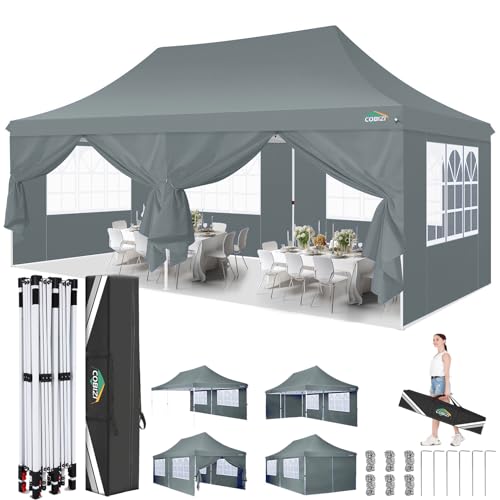COBIZI 10x20 Pop Up Canopy with 6 Sidewalls, Conical Party Tent 10x20 with 3 Adjustable Height Waterproof, UV-Resistant with Carry Bag, Sandbag, Stake, Ropes for Parties, Commercial (Frame Upgraded) - color: Gray, size: 10x20FT