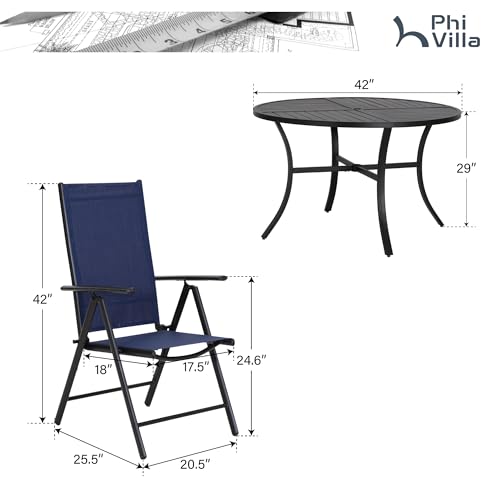PHI VILLA Outdoor Patio Dining Set for 4, Patio Table and Chairs Set with Adjustable Folding Patio Sling Chairs for Garden, Deck and Yard, Blue - color: Blue, size: 5 Piece Round