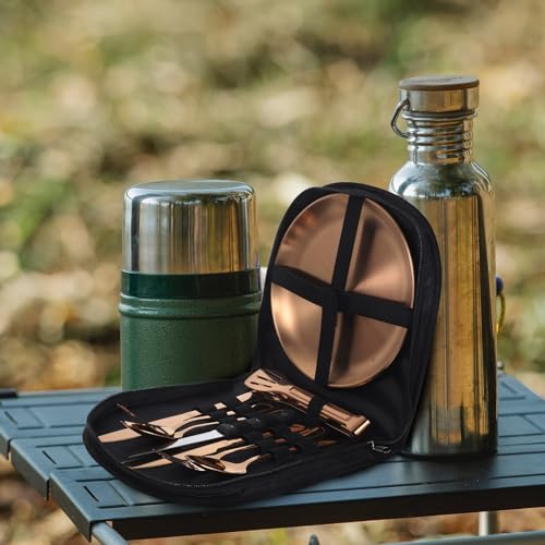 KICHOUSE 10pcs Gold Stainless Steel Outdoor Camping Flatware Set with Portable Storage Bag, Picnic Serving Silverware and Travel Utensils for Hiking and Outdoor Dining