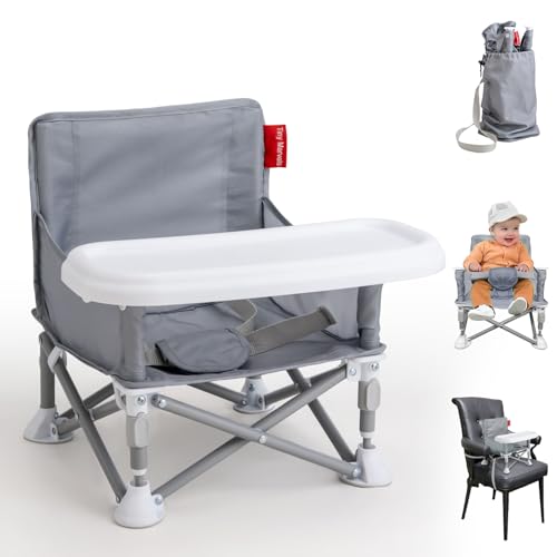 Tiny Marvels Portable Booster Seat, Foldable Baby High Chair with Removable Tray, Safety Harness & Carry Bag – for Toddlers Ages 6M-3Y, Ideal for Dining, Travel, Camping & Family Time - color: Grey