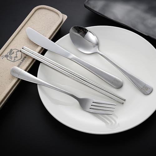 Boulder Bee Travel Utensils Set | Reusable Camping Cutlery Set | Stainless Steel Flatware Set | Portable Silverware Set with Case | Includes Knife/Fork/Spoon/Chopsticks/Cleaning Cloth/Case (Sliver) - color: With Chopsticks-Silver