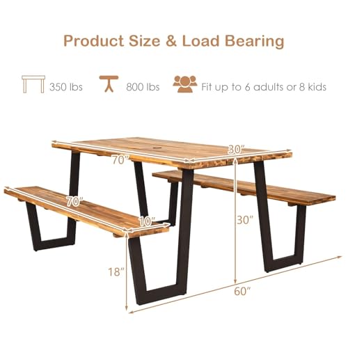 HAPPYGRILL Outdoor Picnic Table Bench Set with Wood Top & Steel Frame, Patio Dining Picnic Table Set with Umbrella Hole for Garden Backyard