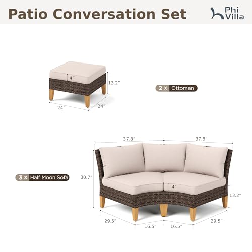 PHI VILLA 4-Piece Curved Patio Furniture Set, Half-Moon Wicker Sectional Furniture Sofa Set for 8 Seats with Cushioned 3 x Curved Sectionals and 2 x Ottoman, Beige - color: Beige, size: 8 Seats - Round