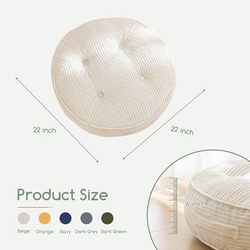 HIGOGOGO 6" Extra Thick Floor Pillow Cushion for Adults, Meditation Cushion Pillow, Large Round Floor Sitting, Tufted Corduroy Cover, for Tatami Living Room or Yoga, 22x22 Inch, 2Pack, Beige - color: Round Beige, size: 6" Thick(Pack of 2)