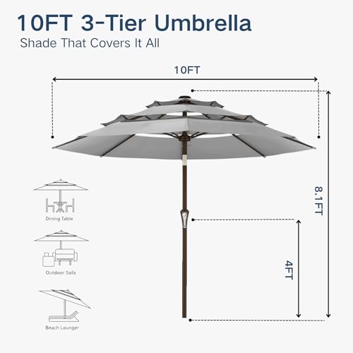 10FT Patio Umbrella 3 Tiers Outdoor Market Umbrella w/Push Button Tilt, Crank, UV and Waterproof Table Umbrella for Garden, Pool, Backyard, Deck, Lawn, Light Gray - color: Light Gray