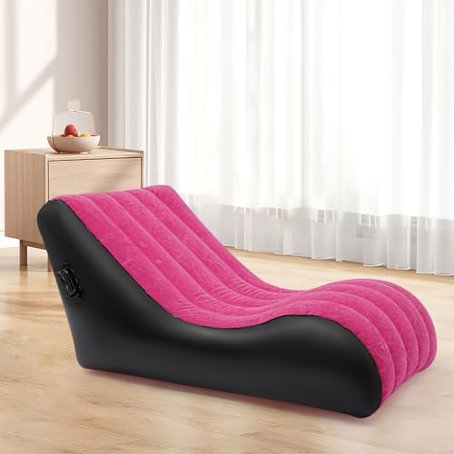 Lounger Inflatable Sofa Bed, Folding Sofa Bed with Flocking Fabric Comfortable S-Shape Air Mattress with Air Pump Blow Up Couch for Living Room Patio Outdoor Camping 35.4x55.1x27.5in (Rose-red) - color: Rose-red