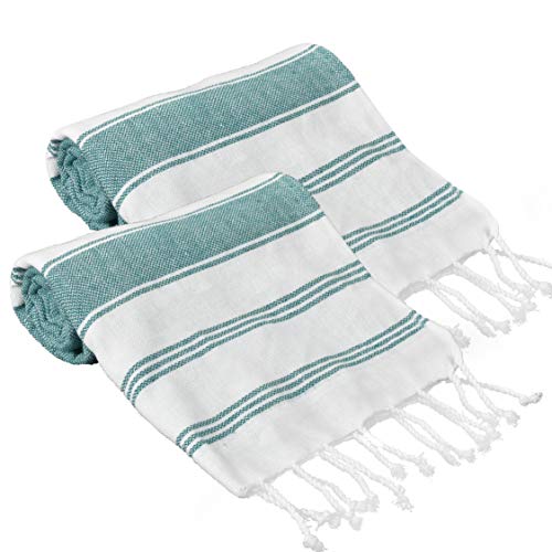 GLAMBURG Peshtemal Turkish Towel Cotton Beach Towels Oversized 36x71 Set of 2, Cotton Beach Towels for Adults, Soft Durable Absorbent Extra Large Bath Sheet Hammam Towel - Teal - color: Teal, size: 2 Pack