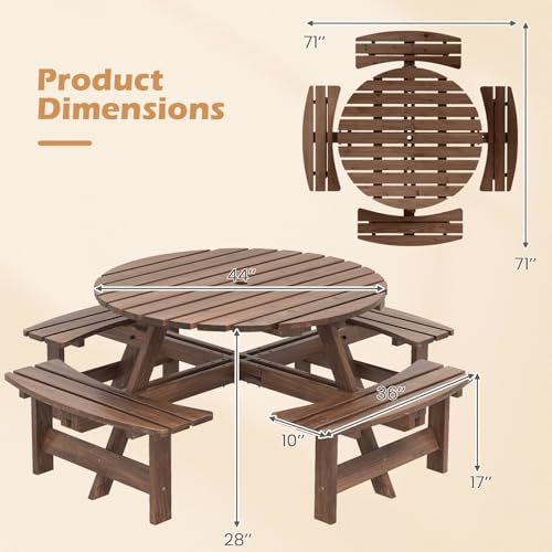 Giantex 8-Person Round Picnic Table Set with 4 Benches, 550 LBS Bench Capacity, 2" Umbrella Hole, Circular Outdoor Wood Dining Table & Chairs for Patio Yard Garden Porch Deck (71”x71”x28”,Brown) - color: Brown, size: 71”x71”x28”
