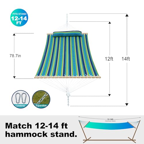 GAFETE Hammock 2 Person Quilted Fabric Hammocks for Outside, Double 12ft Hammocks with Spreader Bar, Large Removable Pillow, Storage Bag, Carabiners, Max 475 lbs Capacity (Garden) - color: Garden