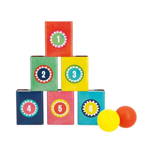 Janod - Applepop Tin Can Alley - Game of Skill - 6 Metal Tins + 2 Foam Balls - Outdoor Game - Develops Dexterity & Concentration - 3 Years +, J03359 - style: Tin Can Alley