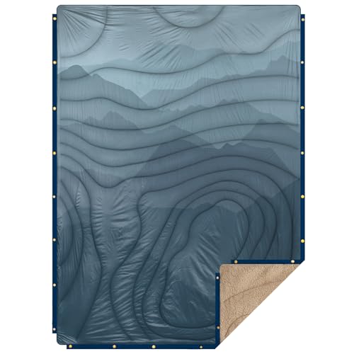 Outdoor Camping Blanket with Sherpa Lining, Extra Warm Thick Camp Blankets and Puffy Ultralight Soft Poncho DWR Camping Quilt for Cold Weather, Adventure, Sleeping, Backpacking 78"x 56" - color: Blue Cloud Valley, size: 78 x 56 inches