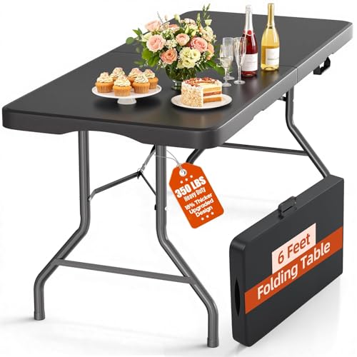Folding Table 6FT 350 LBS Heavy Duty Foldable Table with 18% Thicker HDPE Waterproof Top, Portable Fold in Half with Handle, Reinforced Steel Frame for Indoor Outdoor Party Events - color: Black-a, size: 6FT