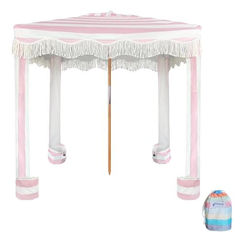 AMMSUN Beach Cabana with Beach Blanket, 7' x 7' Boho Canopy with Tassels, Premium Wood Pole, Fringe Cabana Tent with Sand Pockets, Instant Sun Shade for Sand, Garden, Outdoor, Rose Pink Stripes - color: Rose Pink Stripes with Beach Blanket