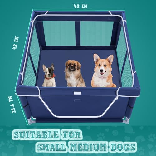 XVISHX 42x42 Inches Puppy Playpen with Gate, Dog Playpen for Puppies or Small Dogs, DogFence Pet Playpen for Indoor & Outdoor, Sturdy Safety DogPen with Thickened Fabric, High-Strength Nylon Wire Mesh - style: Without Cover