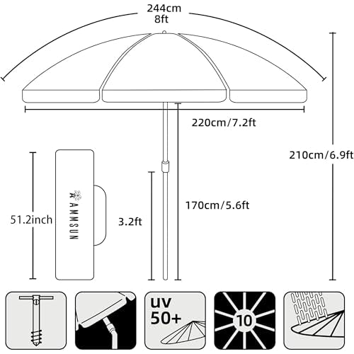 AMMSUN 8 Feet Large Beach Umbrella with Sand Anchor Heavy Duty High Wind Portable Outdoor Umbrellas UV 50+ Protection Air Vent Tilt Patio Garden Pool - color: Blue