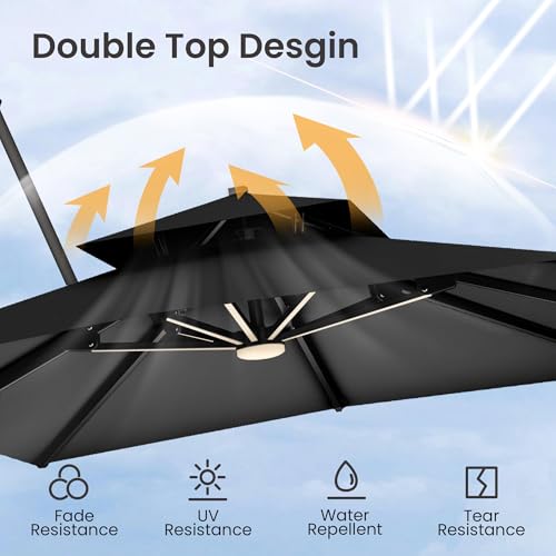 9x12 FT Cantilever Patio Umbrella with Led Lights Double Top Outdoor Rectangular Large Heavy Duty Aluminum Offset Umbrellas with 7 Level Tilt 360-degree Rotation for Pool Garden Deck, Black - color: Black, size: 9' X 12'-with Light