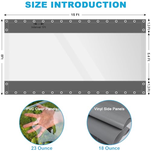 Clear Vinyl Curtains for Patio Enclosure, 23oz Heavy Duty Waterproof Anti-UV and Tear-Resistant Tarpaulin with Grommets, Weatherproof Panels for Porch, Pergola, Gazebo, Balcony, Outdoor - color: Gray, size: 8'H X 15'W